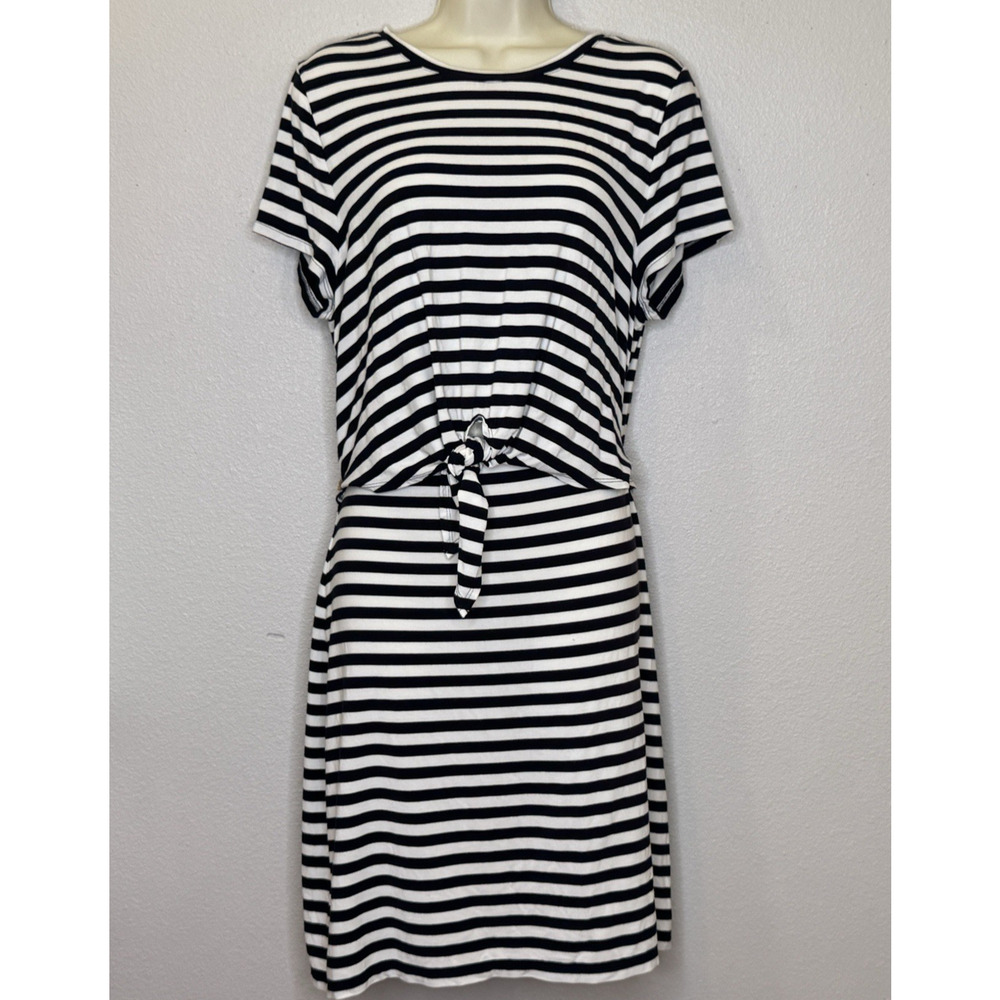 LOFT Beach Knot Front Cutout Dress Size‎ Large Black Stripe Short Sleeve Stretch